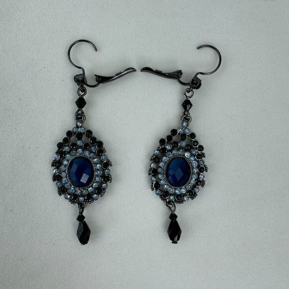 Vintage NR Pendant Necklace Dangle Earrings Set Gunmetal Midnight Blue Metallic - Picture 8 of 16